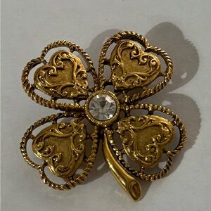 Gold Four Leaf Clover Heart Brooch with Rhinestone.